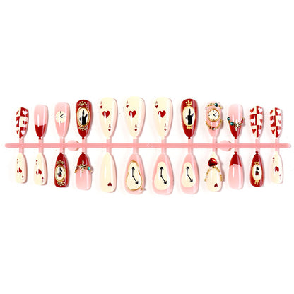 Artistic Press-On Nail Set with Creative Heart and Clock Designs Acalora