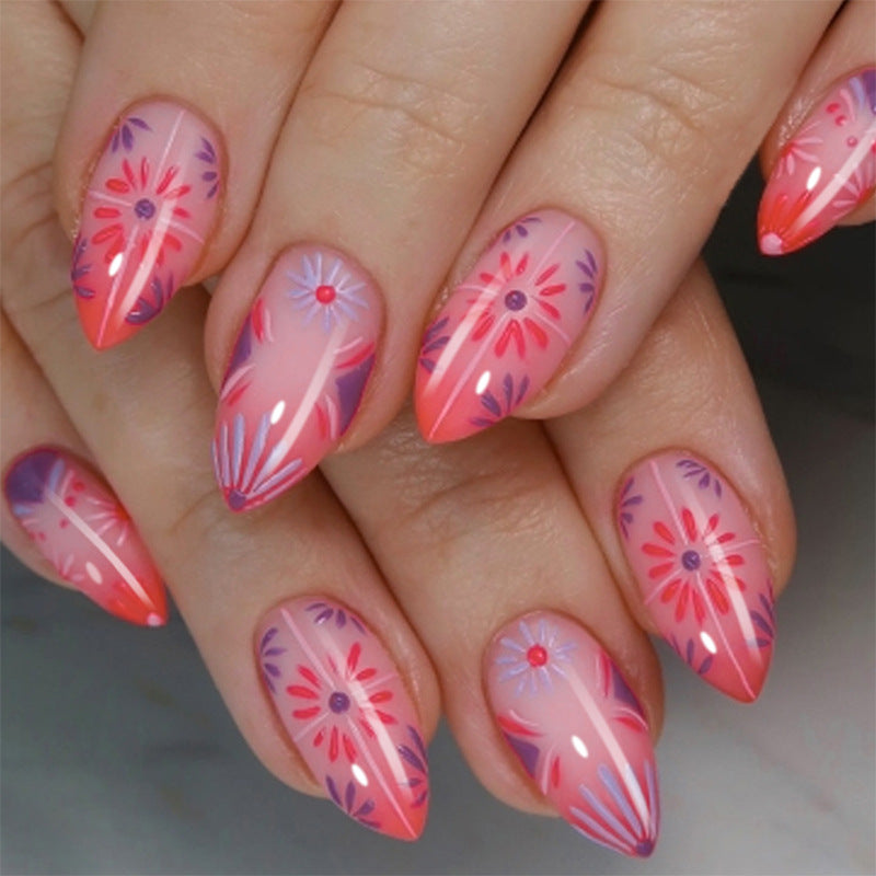 Artistic Press-On Nail Set with Floral and Geometric Patterns Acalora