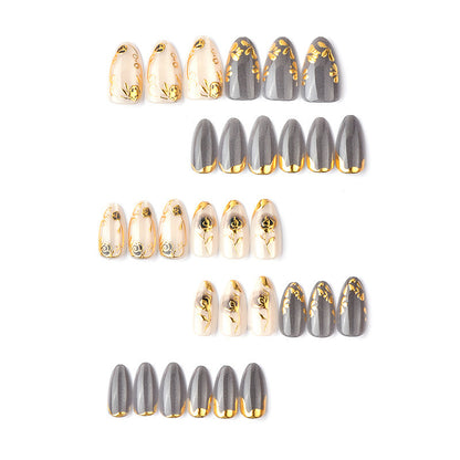 Artificial Nail Set with Elegant Rose Design and Gold Accents Acalora