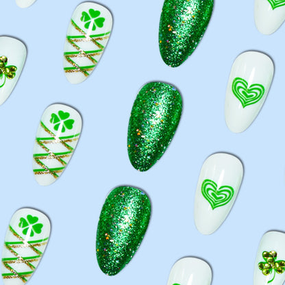 Glamorous Stiletto Press-On Nail Art with Glitter and Shamrock Design Acalora