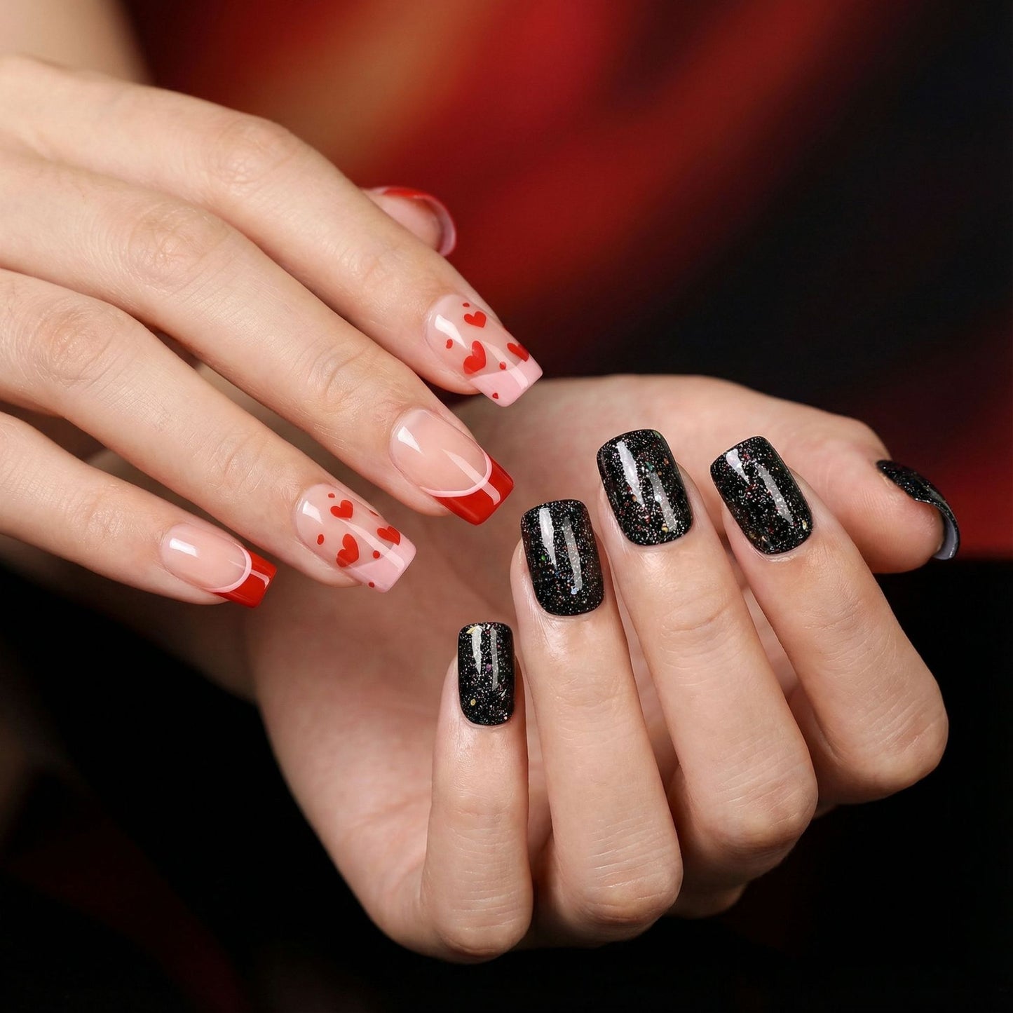Creative artificial nails with heart design and glitter effects Acalora