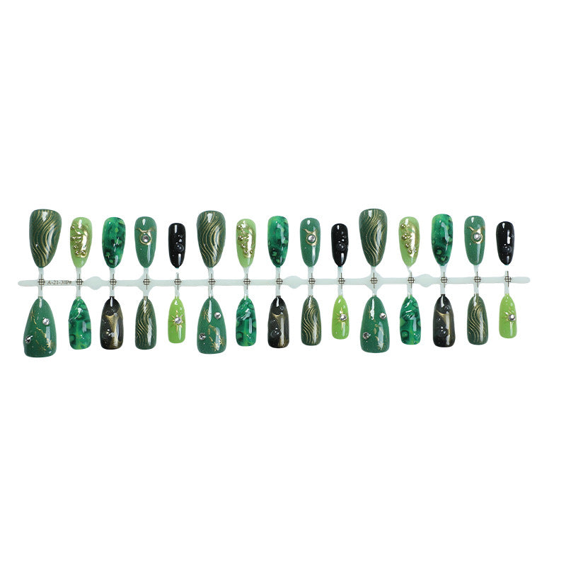 Artistic Press-On Nail Art Set with Emerald and Gold Designs Acalora