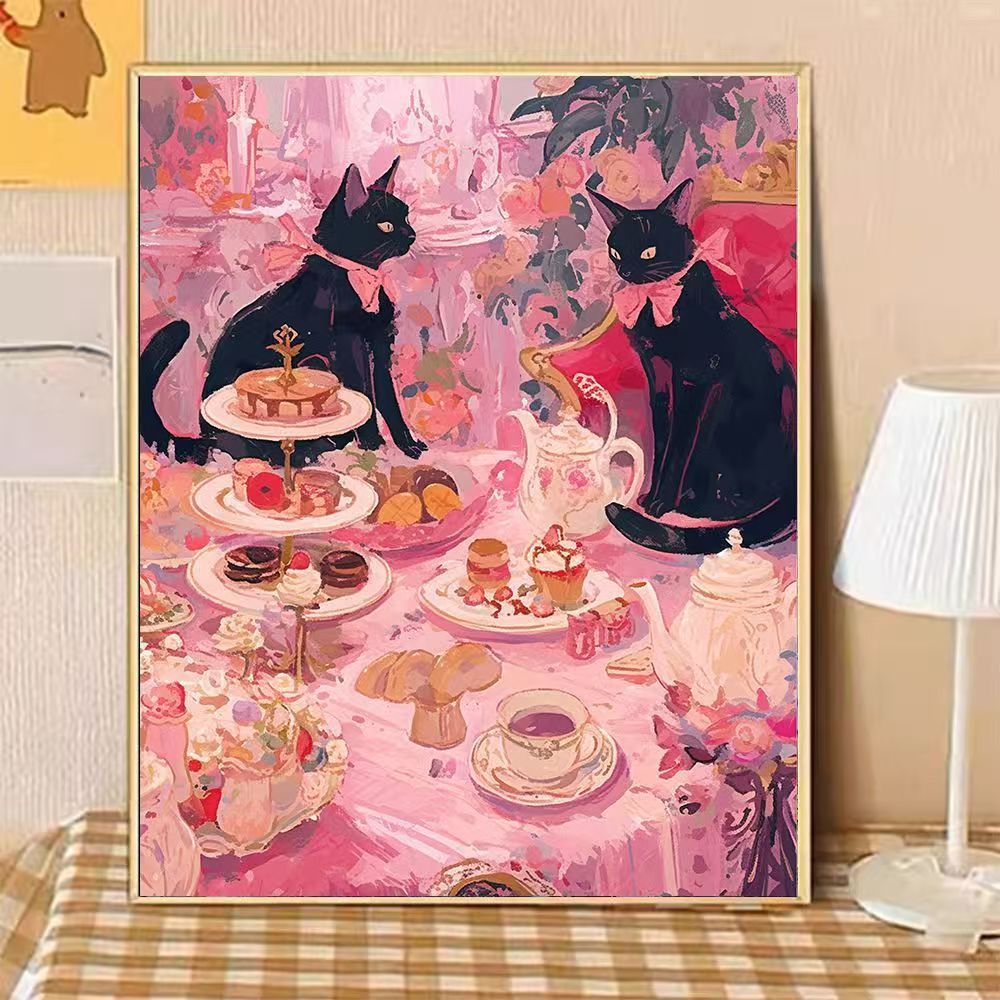 Whimsical Cat-Themed Afternoon Tea Canvas Art