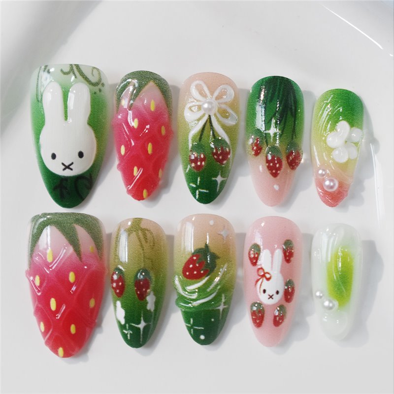 Playful Strawberry Design Press-On Nail Set Acalora
