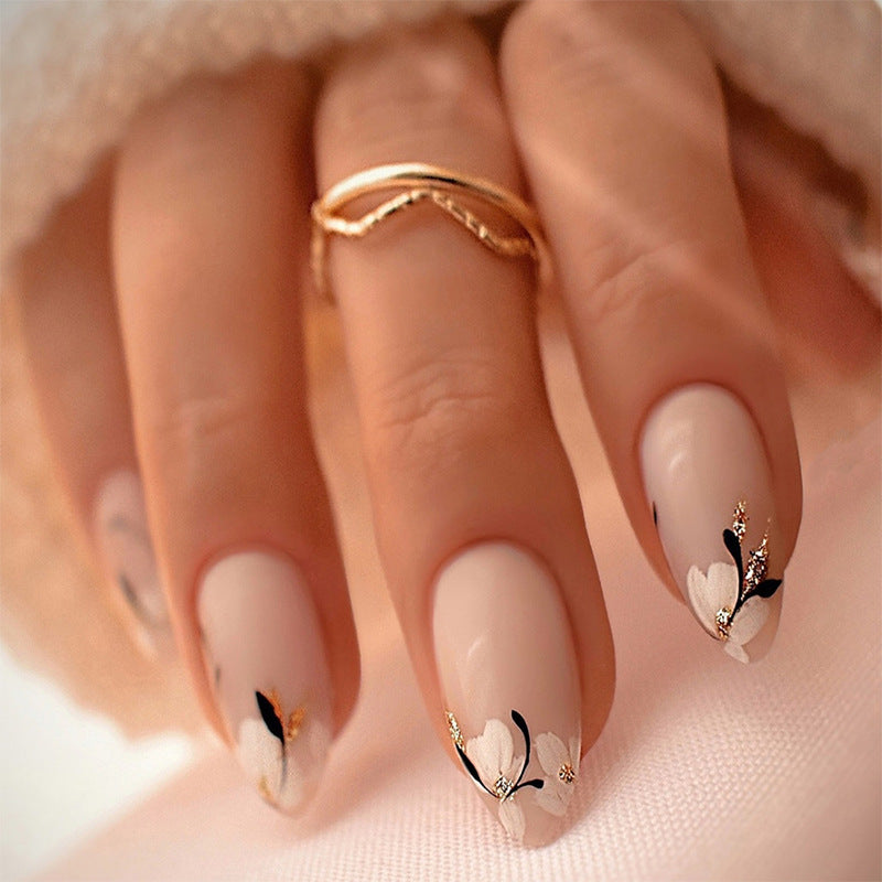 Decorative Press-On Nail Set with Artistic Floral Design Acalora