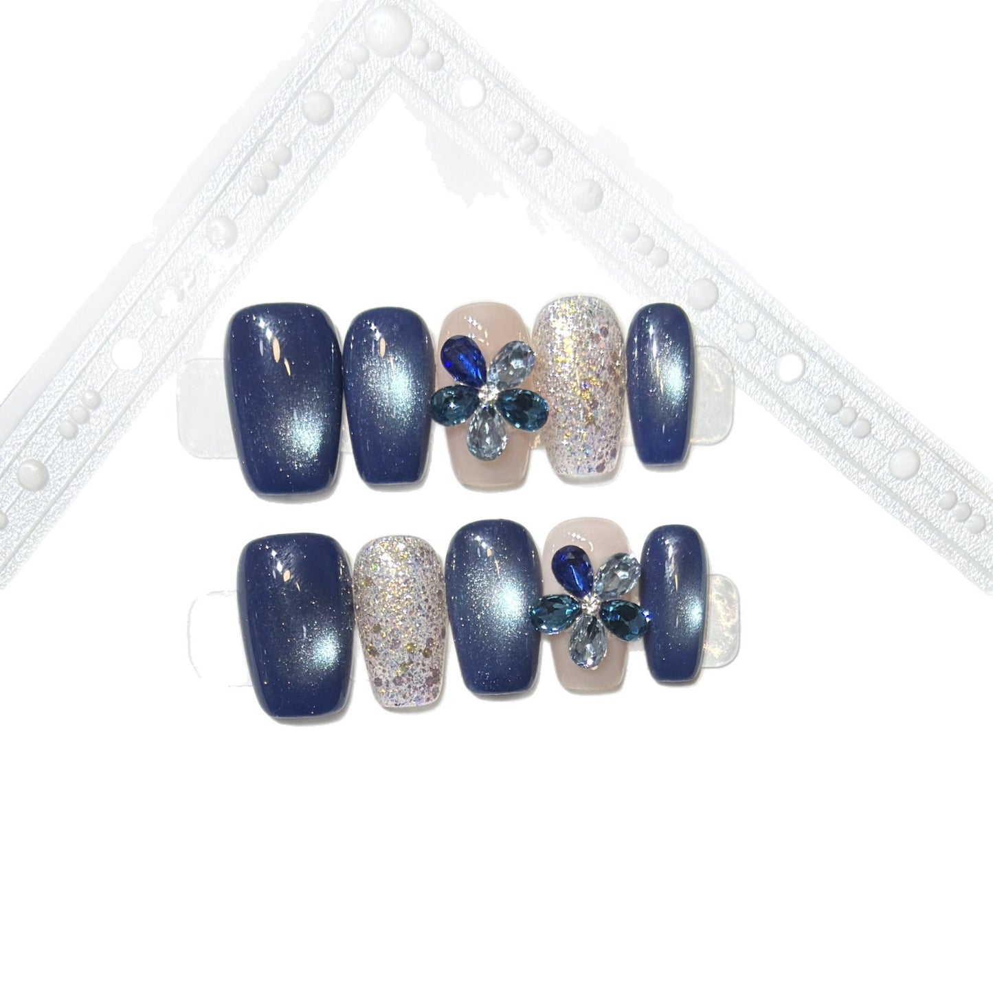 Elegant Floral Press-On Nail Set with Gemstone Accents Acalora