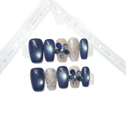 Elegant Floral Press-On Nail Set with Gemstone Accents Acalora