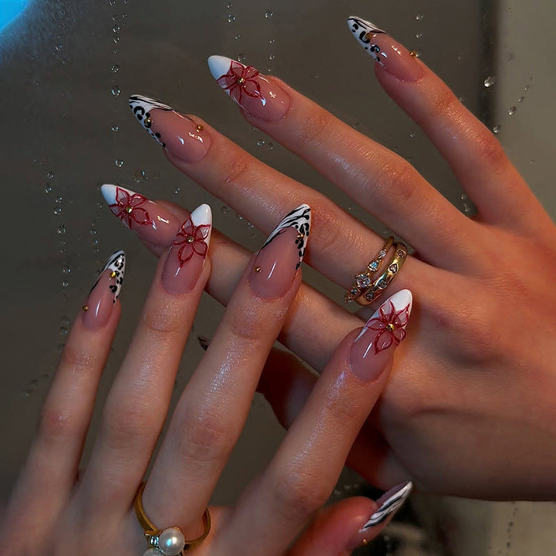 Decorative Press-On Nail Set with Floral and Geometric Accents Acalora