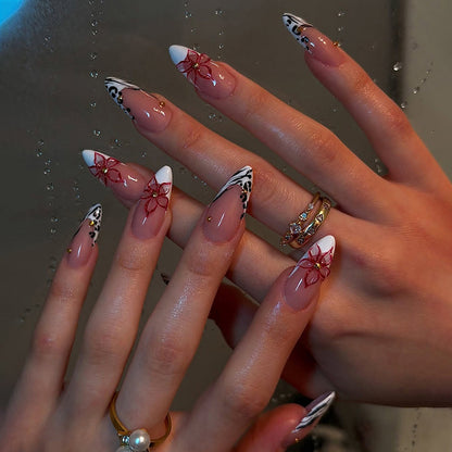 Decorative Press-On Nail Set with Floral and Geometric Accents Acalora