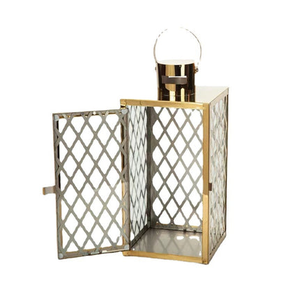 Modern Polished Lattice Metal Lantern Collection with Hinged Door and Top Loop Handle Acalora