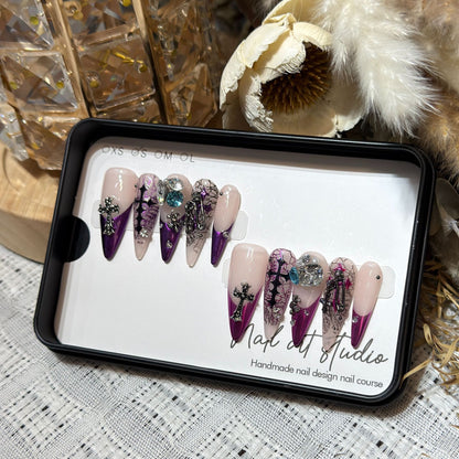 Artistic Stiletto Press-On Nail Set with Unique Floral and Gemstone Accents Acalora