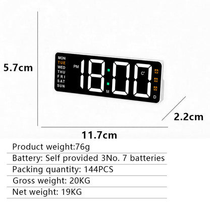 Digital wall clock with temperature and weekday display