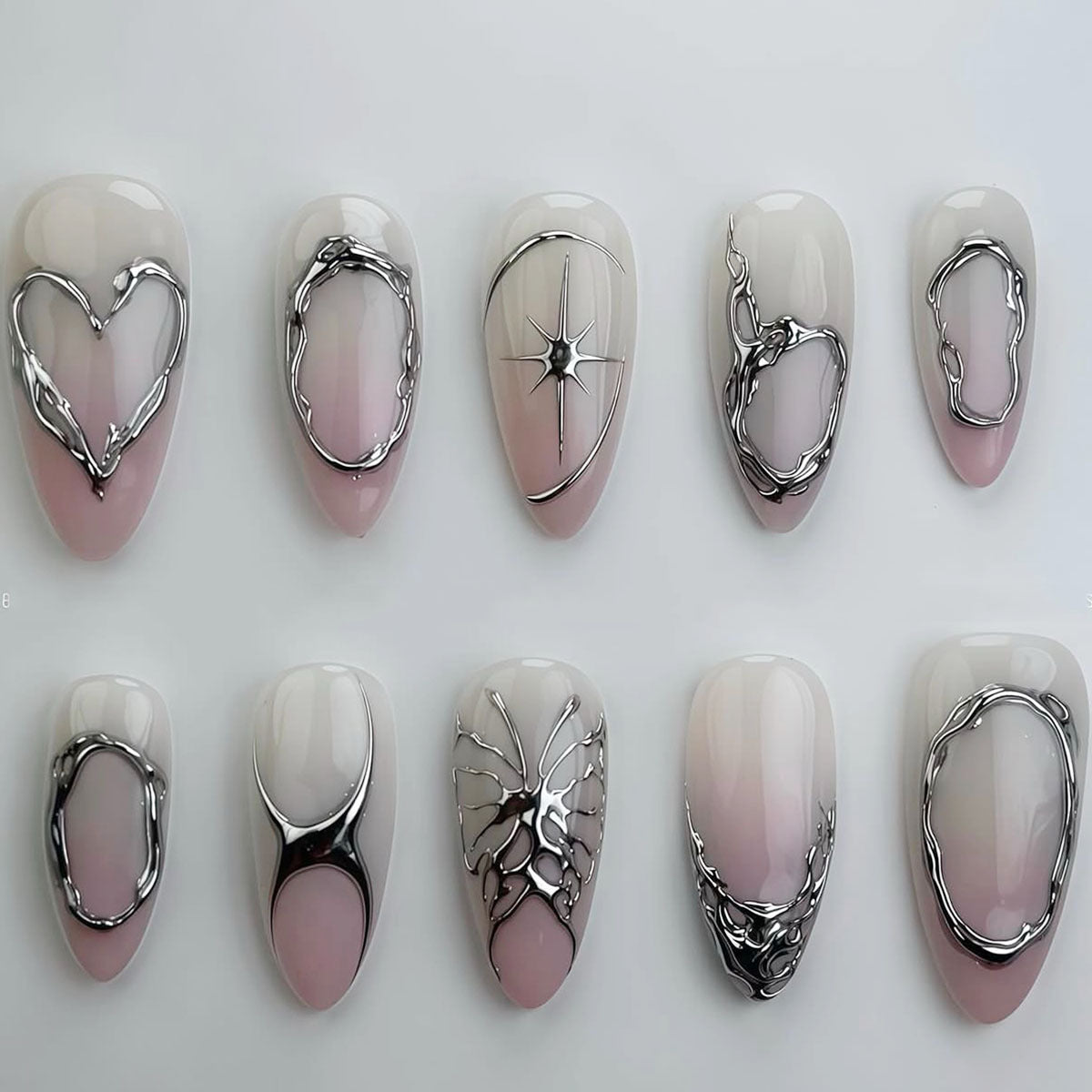 Elegant Artistic Stiletto Press-On Nails with Silver Accents Acalora