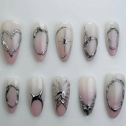 Elegant Artistic Stiletto Press-On Nails with Silver Accents Acalora