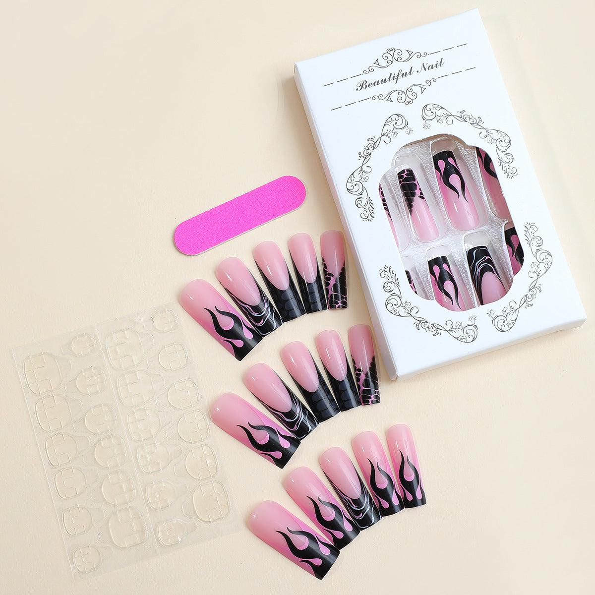 Artistic Press-On Nail Set with Flame Design Acalora