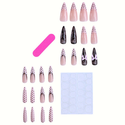Elegant Stiletto Press-On Nail Set with Lace and Bow Design Acalora