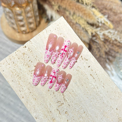 Artistic Stiletto Press-On Nail Set with Heart and Bow Design Acalora