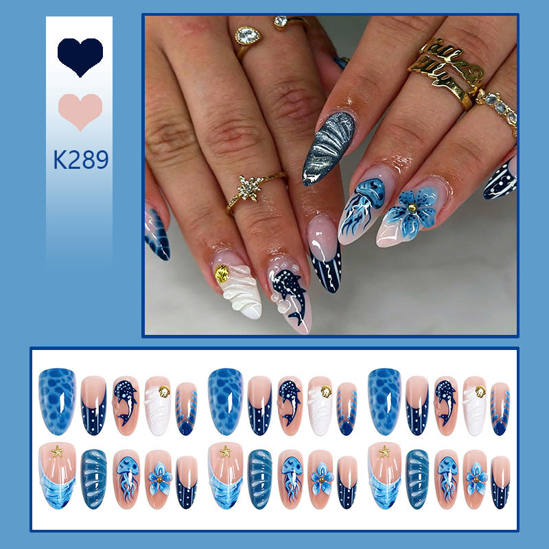Artificial nails with maritime design and 3D flower accents Acalora