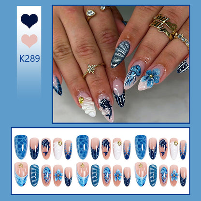 Artificial nails with maritime design and 3D flower accents Acalora