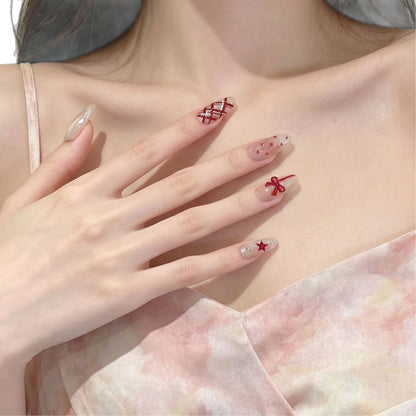 Romantic Themed Press-On Nail Set with Heart and Bow Accents Acalora