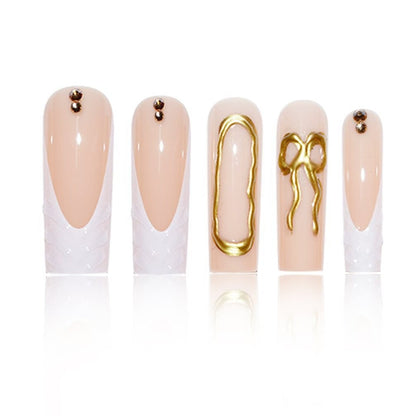 Artistic 3D Press-On Nail Set with Decorative Gold Accents Acalora