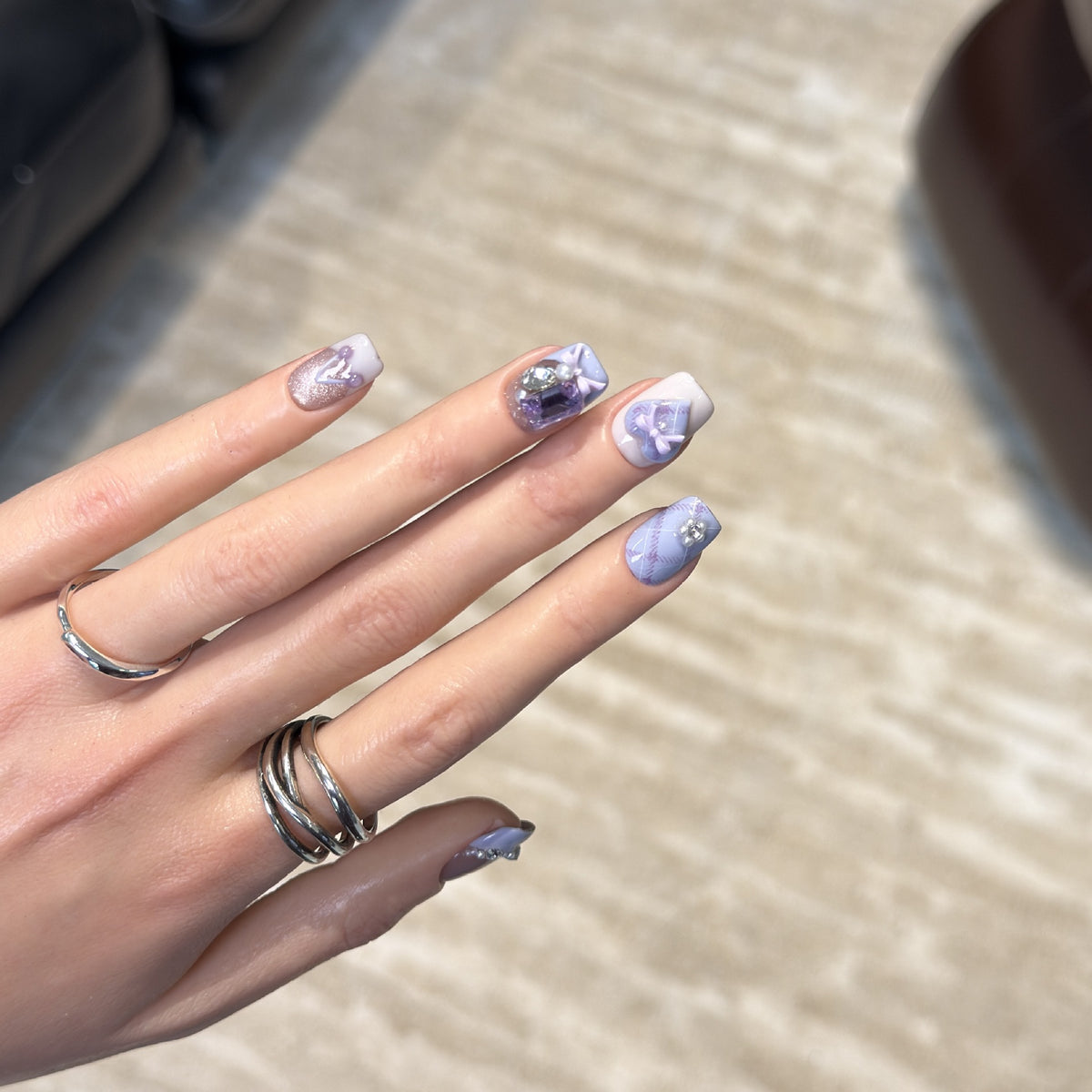 Decorative Luxury Press-On Nail Set with Elegant Bow and Gemstone Accents Acalora