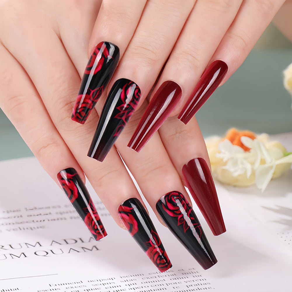 artistic nail tips with floral rose pattern Acalora