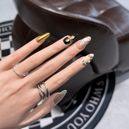 Artistic Press-On Nail Set with Decorative Floral Elements Acalora