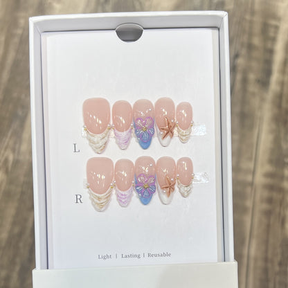 Artistic Press-On Nail Art Set with Floral and Starfish Design Acalora