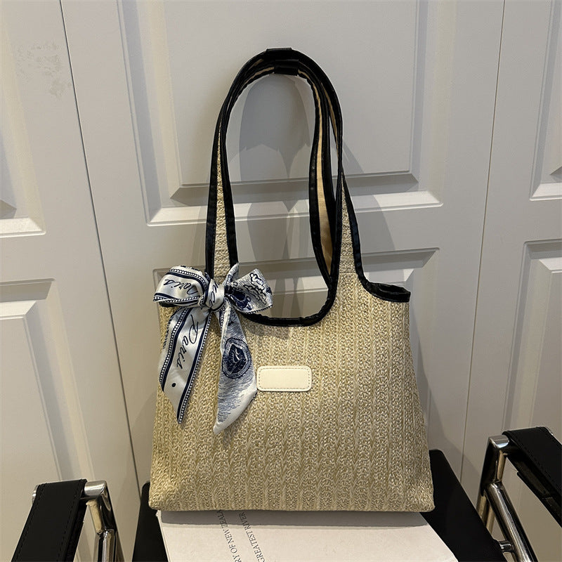 Textured Weave Tote Bag with Elegant Bow Acalora