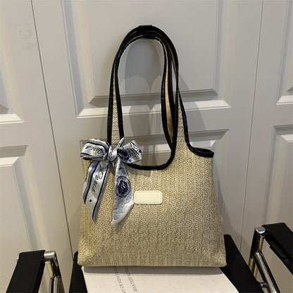 Textured Weave Tote Bag with Elegant Bow Acalora