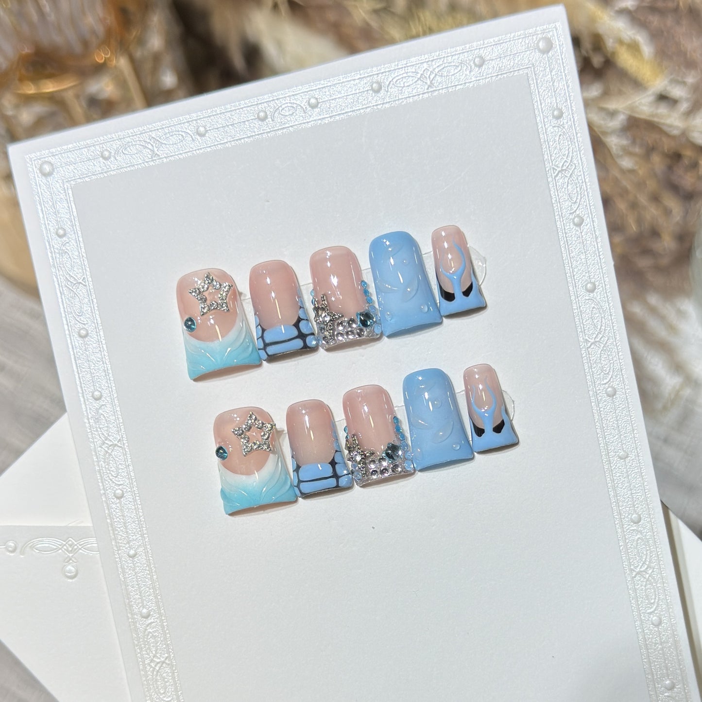Decorative Press-On Nail Art Set with Ocean-Inspired Design Acalora