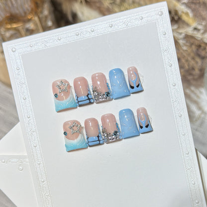 Decorative Press-On Nail Art Set with Ocean-Inspired Design Acalora