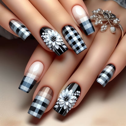 Creative artificial nails with stylish checkered patterns and floral design Acalora