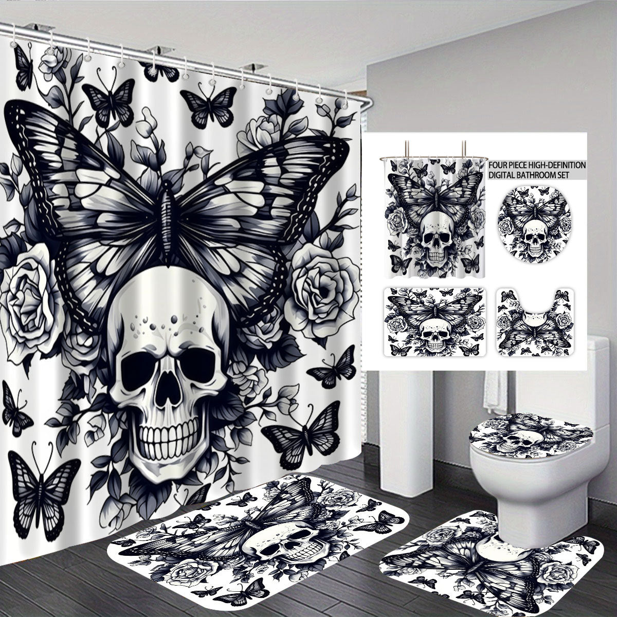 Artistic Skull and Floral Themed Bathroom Set