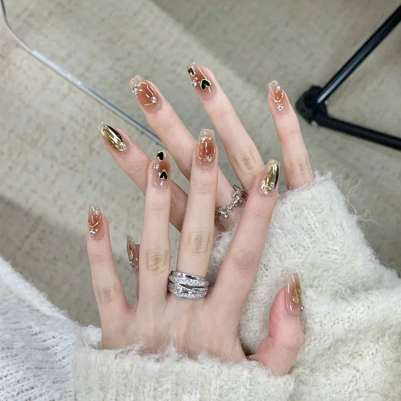 Artistic Press-On Nail Set with Heart and Glitter Accents Acalora