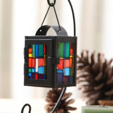 Stained Glass Mosaic Hanging Tealight Lantern with Metal Frame Acalora