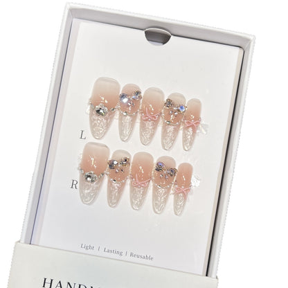 Decorative Stiletto Press-On Nail Set with Bow and Gem Accents Acalora