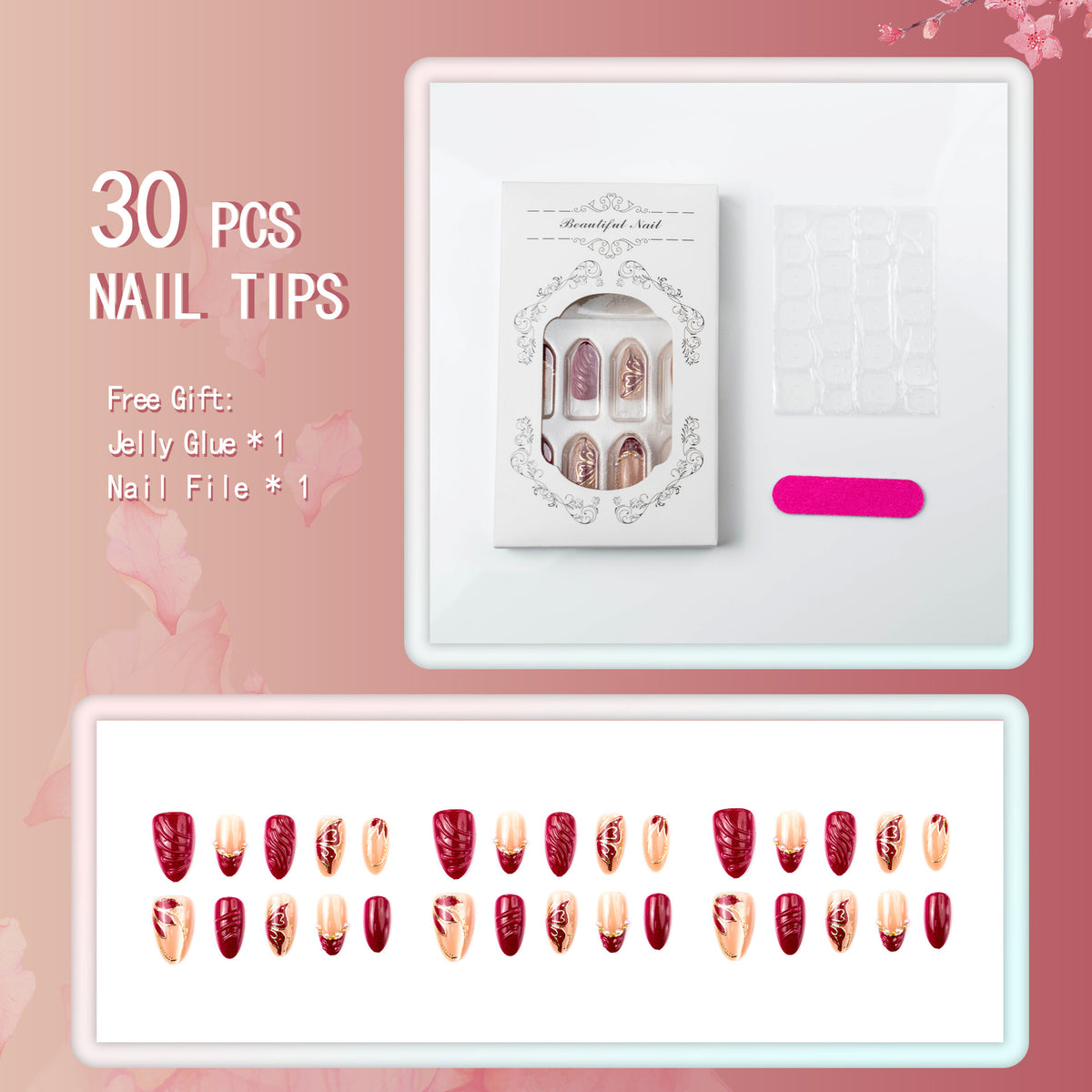 Artificial nail set with filigree golden decorations and romantic heart details Acalora