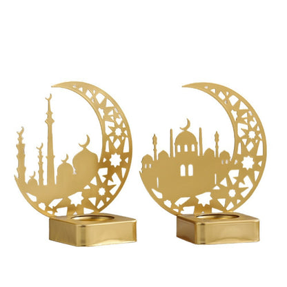 Crescent Silhouette Mosque Tea Light Lantern with Filigree Metal Base Acalora