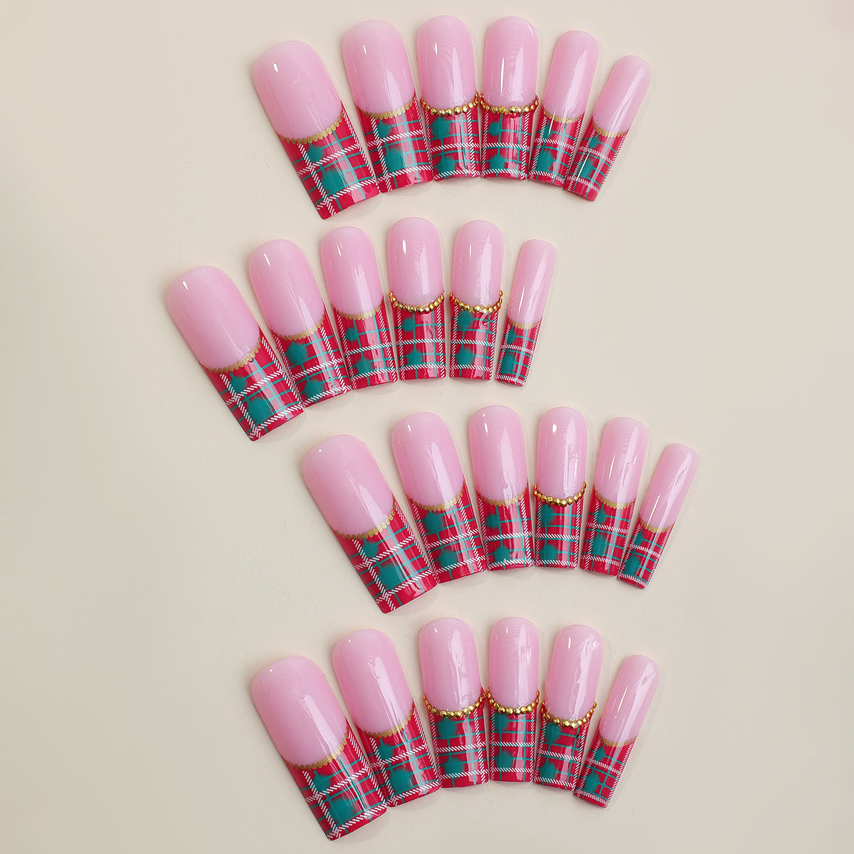 Artistic Press-On Nail Set with Plaid and Gold Accents Acalora