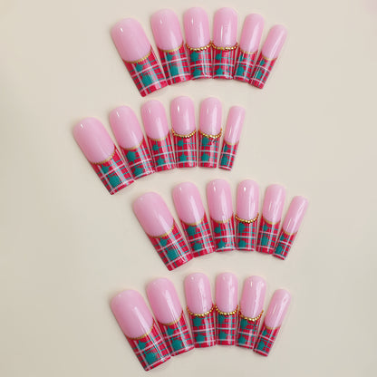 Artistic Press-On Nail Set with Plaid and Gold Accents Acalora