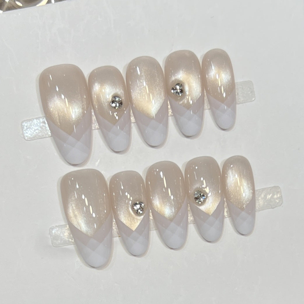 Elegant Geometric Press-On Nail Set with Rhinestone Detail Acalora