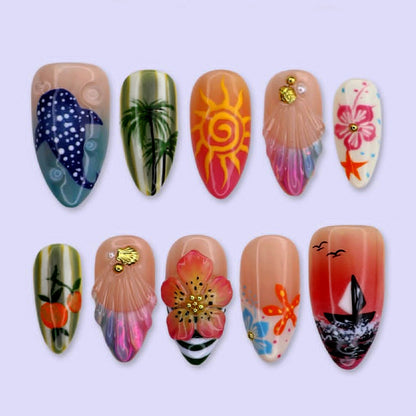 Artistic Coastal Themed Press-On Nail Set Acalora