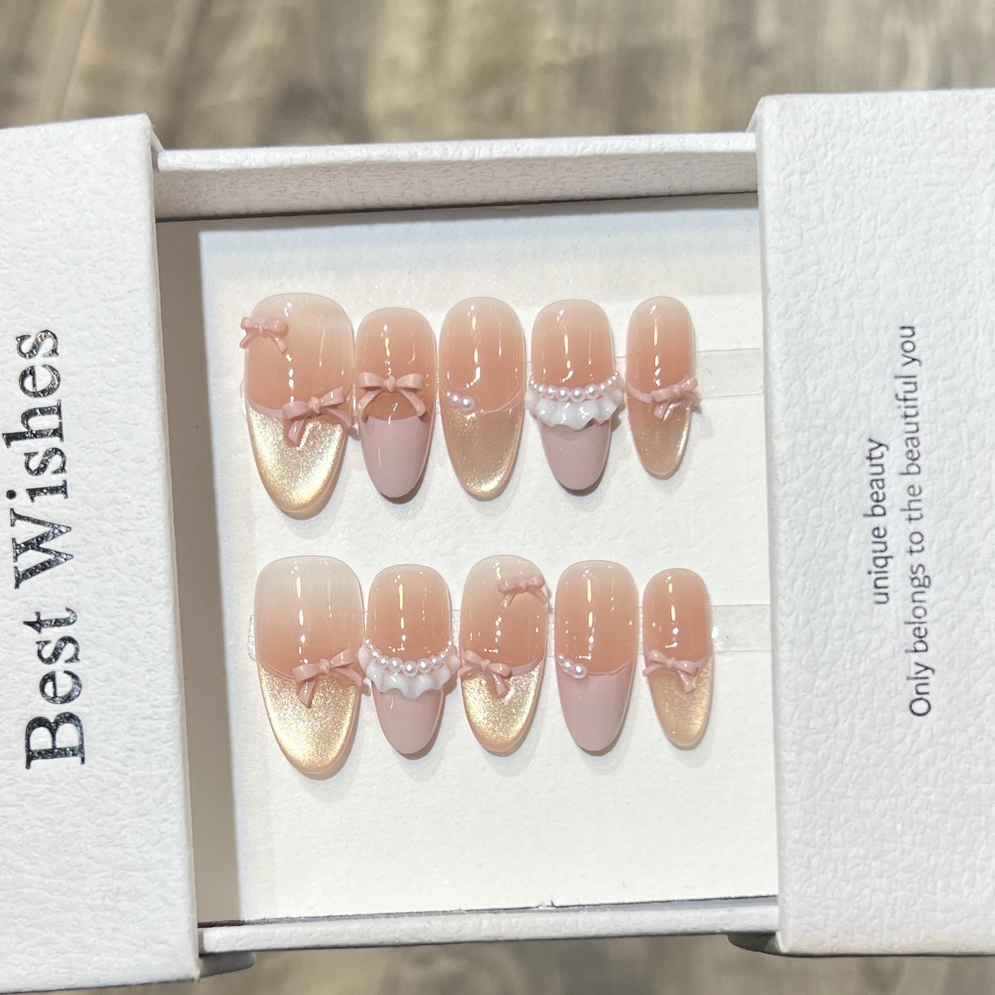 Elegant Press-On Nail Art Set with Pearl and Bow Accents Acalora