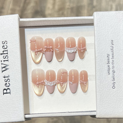 Elegant Press-On Nail Art Set with Pearl and Bow Accents Acalora