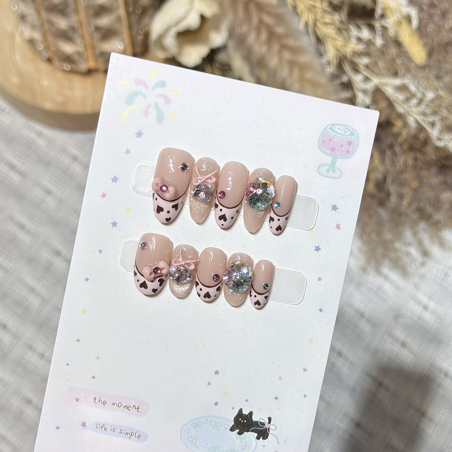 Decorative Press-On Nail Art Set with Heart and Gem Accents Acalora
