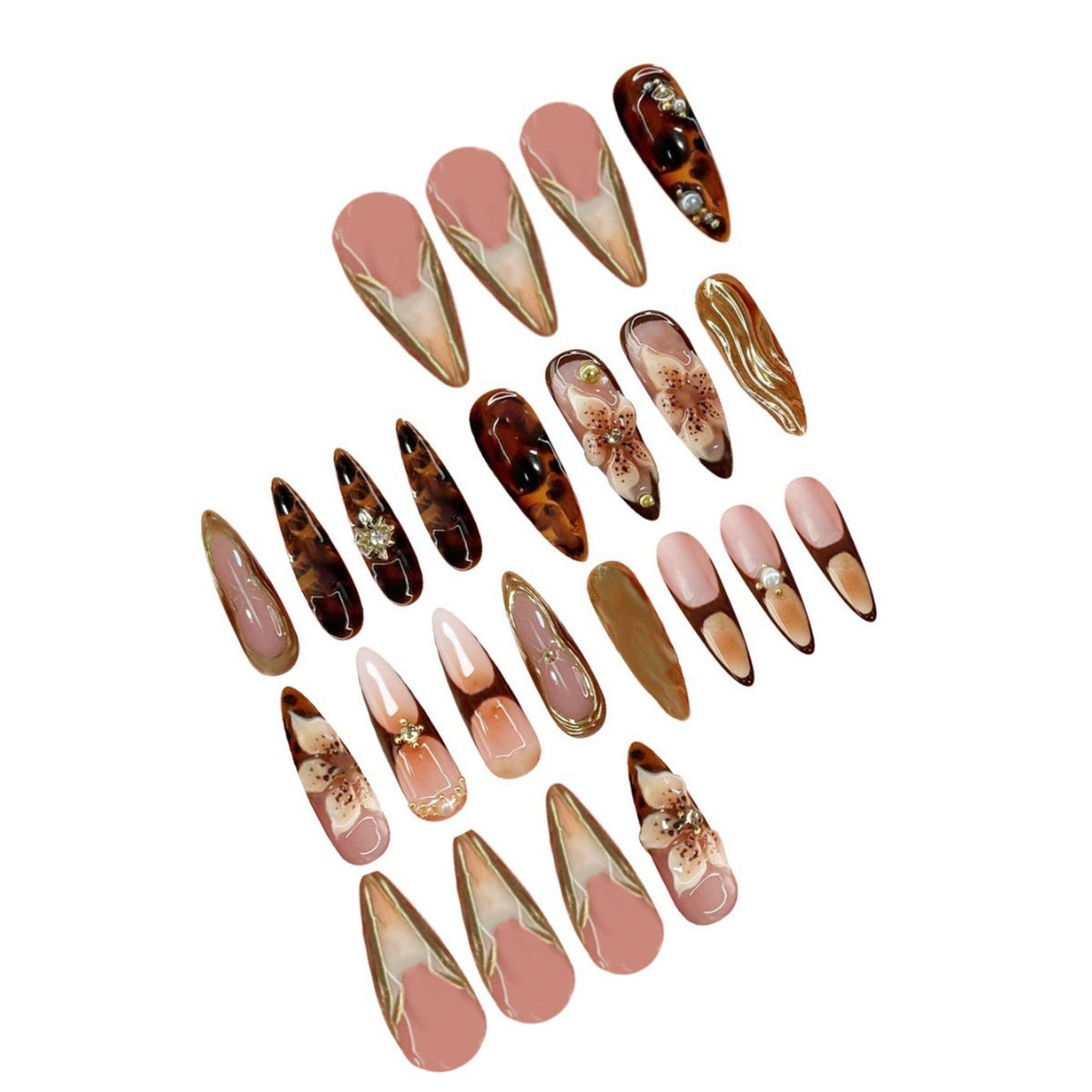 Decorative Stiletto Press-On Nails with Floral and Metallic Accents Acalora