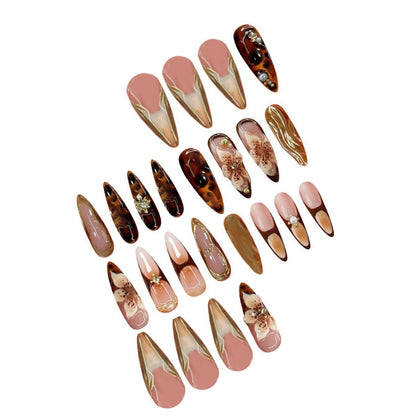 Decorative Stiletto Press-On Nails with Floral and Metallic Accents Acalora