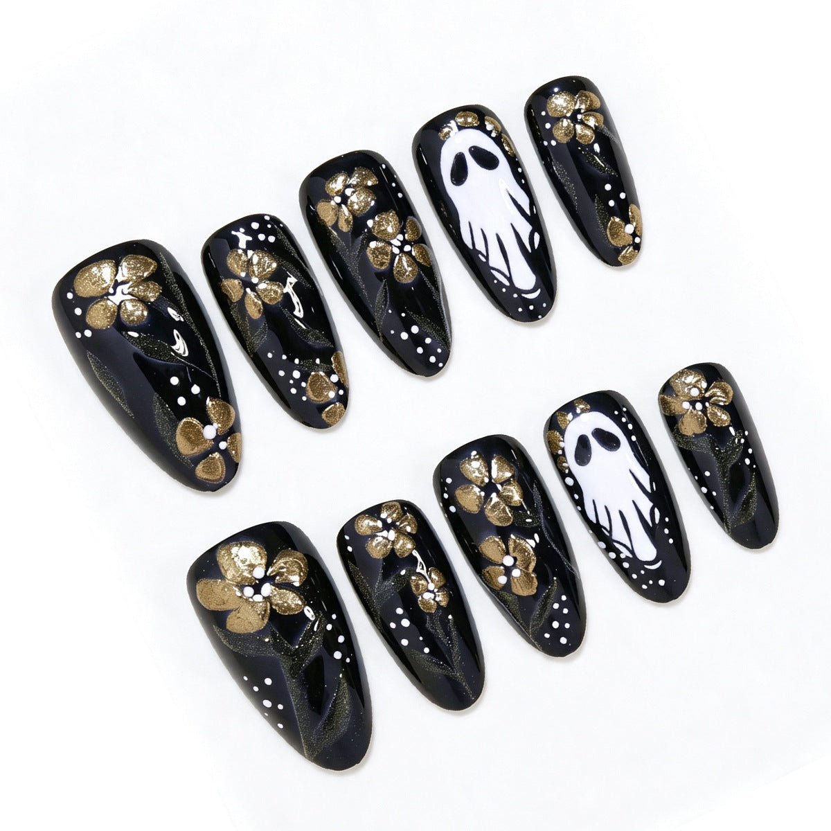 Artistic Ghost and Floral Theme Press-On Nail Art Acalora
